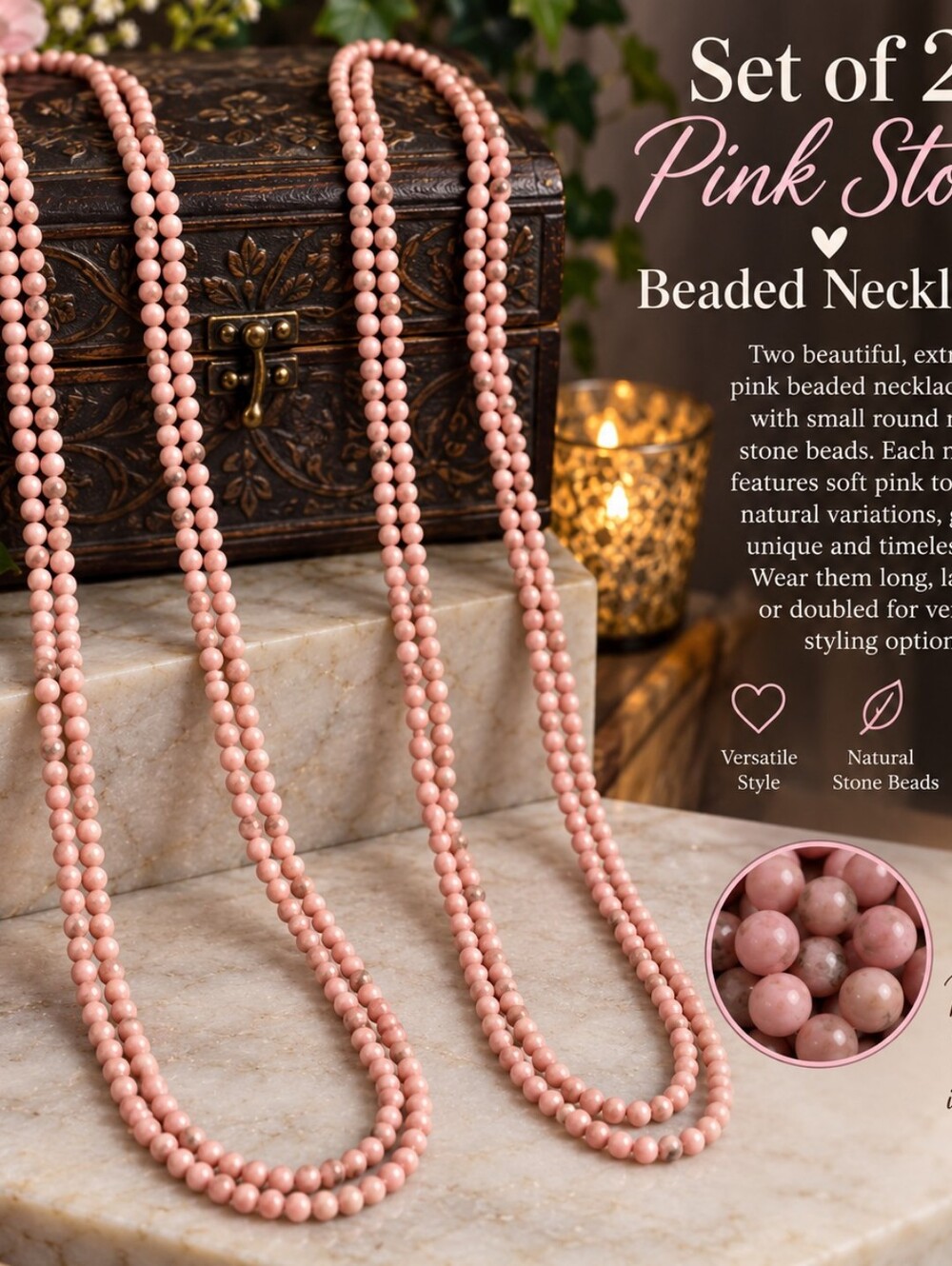 Pink Natural Stone Beaded Necklace Set — Elegant Layering for Women